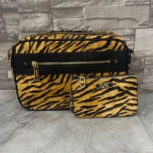 Michael Kors Charm Large Camera Crossbody Bag Nylon Tiger Print & Wallet Set